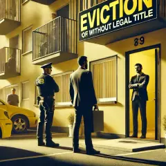 Egzekutor i mężczyzna w garniturze przed budynkiem z napisem "EVICTION". Czy można eksmitować osobę niepełnosprawną?