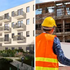 Nowe TBS Wrocław wolne mieszkania. Wizualizacja nowoczesnego bloku z balkonami i placem zabaw obok budowy, gdzie inżynierowie omawiają plany.