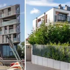 Nowoczesne osiedle z widokiem na wodę i zieleń. Budynki o ciekawej architekturze, z balkonami i tarasami.