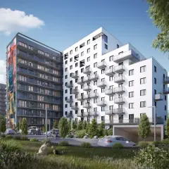 Nowoczesne mieszkania Podgórze Kraków, z kolorowym muralem na jednym z budynków. Zieleń i ludzie tworzą przyjazną atmosferę.