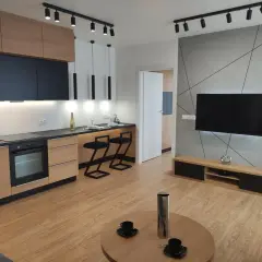 Nowoczesne mieszkanie do wynajęcia Nowy Targ. Kuchnia z wyspą i salon z TV. Jasne drewno i czarne akcenty.
