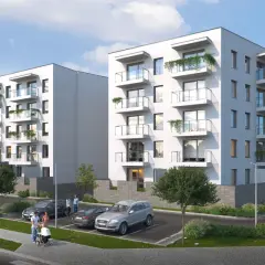 Nowoczesne mieszkania Biała Podlaska z balkonami i zielenią. Osiedle z parkingiem i chodnikiem, gdzie spacerują ludzie.