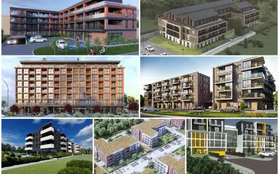 Nowoczesne mieszkania Nowy Sącz w różnych stylach architektonicznych, od ceglanych po drewniane fasady, z balkonami i zielonymi dachami.