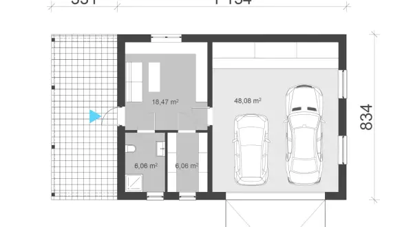 Projekt garażu na dwa auta o powierzchni 48,08 m². Obok pomieszczenie gospodarcze 18,47 m² i dwie łazienki po 6,06 m².