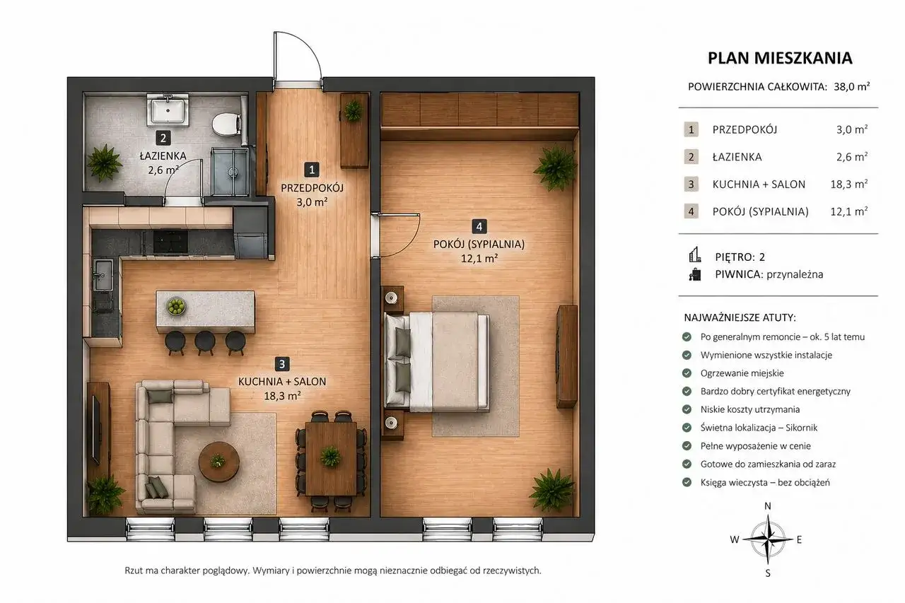 Plan mieszkania 38 m² w Gliwicach: salon z aneksem kuchennym, sypialnia, łazienka, przedpokój. Gotowe do zamieszkania.