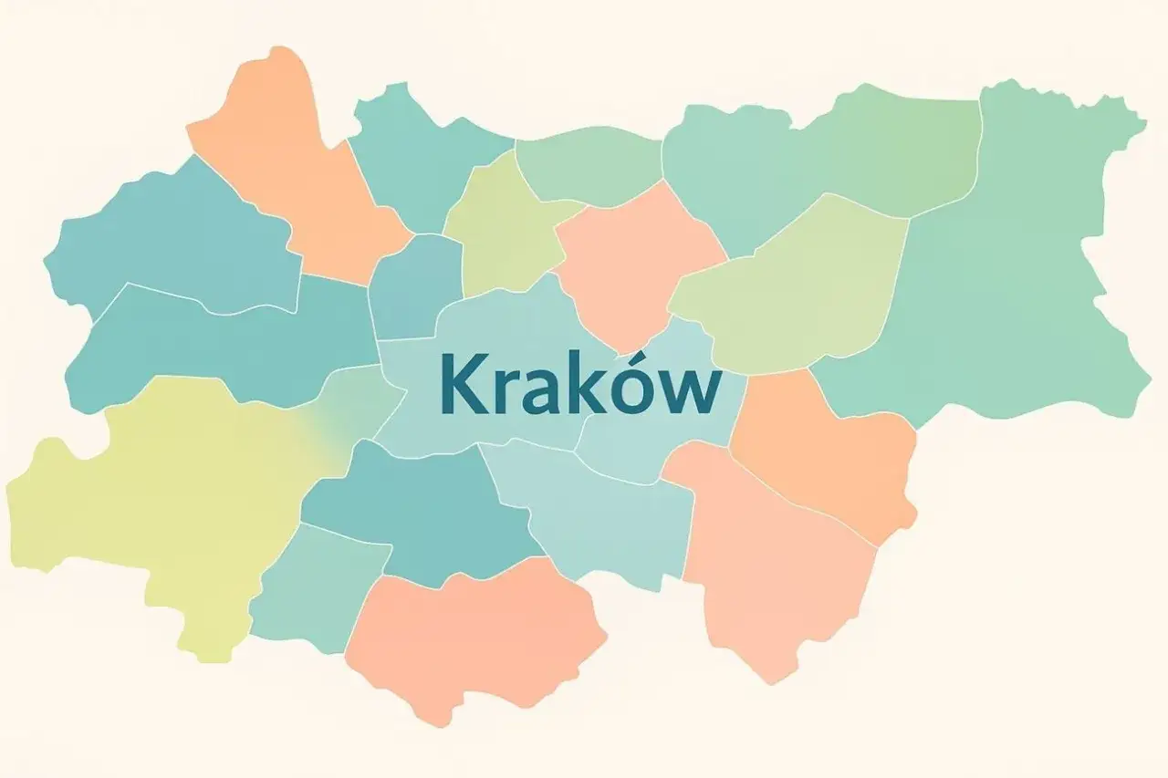 Mapa Krakowa z zaznaczonymi dzielnicami. Szukasz pokój do wynajęcia Kraków?