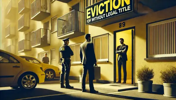 Egzekutor i mężczyzna w garniturze przed budynkiem z napisem "EVICTION". Czy można eksmitować osobę niepełnosprawną?