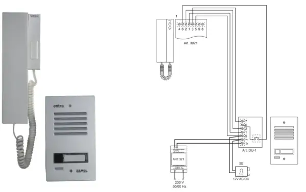 Schemat instalacji domofonowej pokazuje, jak działa domofon, łącząc panel zewnętrzny z unifonem i zasilaczem.