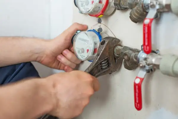 Instalator dokręca kluczem wodomierz, który wymaga wymiany. Sprawdź, co ile wymienia się wodomierze, by uniknąć problemów.